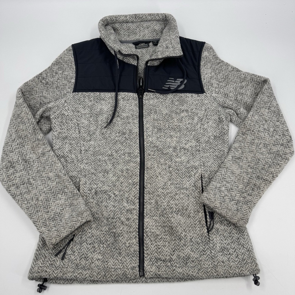 New Balance Womens Small Full Zip Gray & White Herringbone Fleece Sweater Jacket